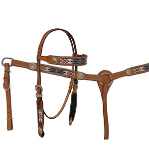 EquiElite Exports Juego de arreos de cuero repujado estilo occidental, color marrón oscuro con estampado de leopardo y costura de puntal, con cabezada, pechopetral y brida para caballo - Product Image 4