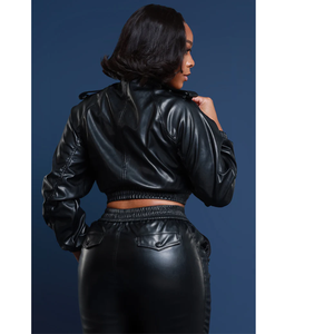 Blouson Bomber Noir en PU pour Femme, Coupe Slim, Fermeture Éclair, Col Rabattu, Manches Lanterne, Style Streetwear, Couleur Unie Automne - Product Image 2