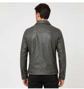 Blouson Moto en Cuir Original Homme Bleu et Marron Col Montant Fermeture Éclair Coupe Slim Manches Classiques Style Color Block Automne - Product Image 5