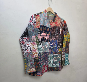 Veste respirante en coton tricoté à la main avec points Kantha, style vintage, réversible, patchwork, pour femmes, style bohème, matelassée, ouverte sur le devant - Product Image 2