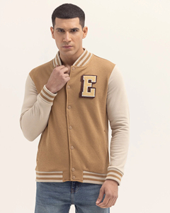 Men Varsity <b>Jacket</b> Embroidered Letter E Patch Preppy Style Autumn Wear Regular Fit Turn-down Collar Cotton <b>Lining</b> - Product Image 6