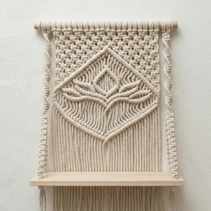 Premium Beige Macrame Wall Shelf With Wooden Rack For Home Decor Storage Display Boho Handmade Cotton Art Piece From India - Product Image 3
