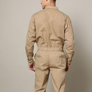 Custom Logo Printed Men <b>Beige</b> Long Sleeve Coverall <b>Jumpsuit</b> With Chest Pockets And Elastic Waistband - Product Image 2