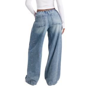 Muqeet Ghazal Womens Light Blue Washed Denim Cargo Jogger Pants Wide Leg Loose Fit High Elastic Waist Drawstring Breathable - Product Image 2