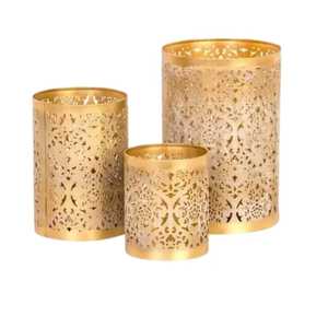 Cylindrical metal lanterns intricate cutout patterns geometric lattice organic <b>leaf</b> design candle holders rustic farmhouse - Product Image 4