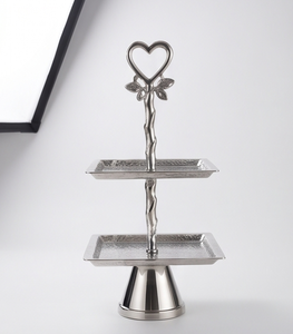 Premium Silver Metal 2 Tier Square Cake Stand with Heart Handle Pedestal Base Hammered Pastry Cupcake Display Tray - Product Image 2