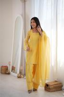 Setelan kurta sutra kuning dengan dupatta, setelan kerja sutra siroski yang dijahit, ukuran bebas, setelan salwar kuning, setelan etnik kuning untuk acara perayaan