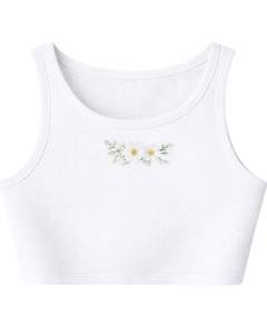Ensemble décontracté deux pièces pour femme : débardeur court côtelé et short à cordon de serrage, blanc pur avec broderie florale, personnalisable - Product Image 3