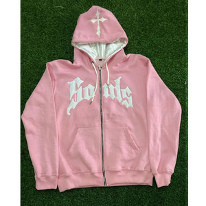 Pink Hooded <b>Zip</b>-<b>Up</b> Sweatshirt Unisex Cotton Knitted Casual Letter Print Front Logo Autumn Wear - Product Image 4