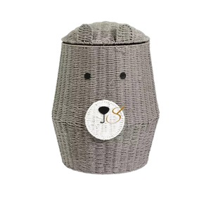 Modern Grey Bear Wicker Storage <b>Basket</b> <b>with</b> <b>Lid</b> Handcrafted Animal Toy Hamper Creative Decorative Bin Nursery Kid - Product Image 1