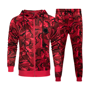 Men Red <b>Camouflage</b> Hooded <b>Tracksuit</b> Full Zipper Sporty Casual Jogging Set 100% Polyester Autumn Wear - Product Image 1