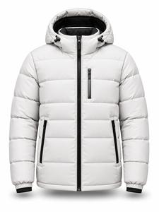 Blouson matelassé à capuche blanc pour homme, imperméable, séchage rapide, décontracté, fermeture éclair, rembourrage en polyester, longueur standard, couleur unie, personnalisable - Product Image 1