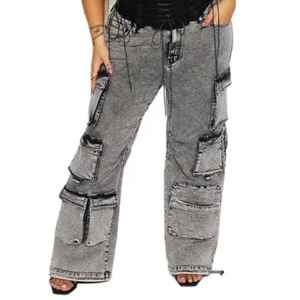 Pantalones Cargo de Mezclilla para Mujer, Estilo Moderno, Cintura Media, Multibolsillos, Corte Recto, Lavado a la Piedra, Ajuste Holgado, Alta Calidad, Estilo Vintage de Verano - Product Image 4