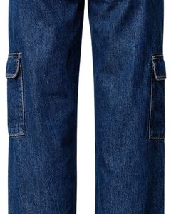 Vaqueros Cargo de Mezclilla Azul Oscuro Personalizados de Cintura Alta y Pierna Ancha con Múltiples Bolsillos de Parche, Estilo Urbano, Pantalones Casuales Holgados para Mujer - Product Image 5