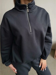 Sweat-shirt oversize pour femme à col montant et fermeture éclair, couleur unie, épaules tombantes, manches longues, en coton tricoté, style décontracté, pour l'automne, OEM ODM - Product Image 3