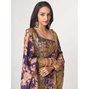 Lovely <b>Purple</b> Floral Print Organza Party Wear <b>Saree</b> With Blouse - Product Image 4