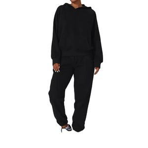 2025 Logo personalizado señoras Crop Hoodie conjuntos bordado botón decoración patrón sólido Mujer con capucha parte superior inferior gran oferta entrenamiento - Product Image 6