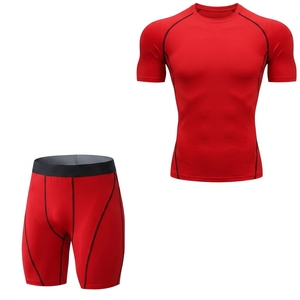 <b>Men's</b> Green <b>Compression</b> Shirt <b>Shorts</b> Set V-neck <b>Short</b> Sleeve Fitted Moisture Wicking Breathable Four-Way Stretch Eco-Friendly - Product Image 3