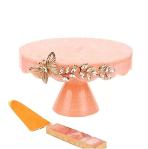 Pink Resin Cake <b>Stand</b> With <b>Crystal</b> Detailing Perfect For Birthday Cake Presentation And Anniversary Celebration Styling - Product Image 1