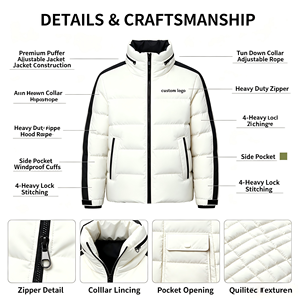 <b>Men's</b> <b>White</b> Patchwork Puffer Jacket With Stand Collar Zipper Closure Custom Logo Down Filled Winter <b>Coat</b> Casual Style - Product Image 3