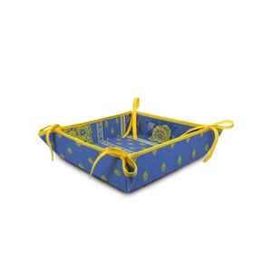 Cesta bordada de algodón 100% Sostenible con lazos florales amarillos azules con acabado natural elaborado por expertos indios Cesta de mesa - Product Image 1