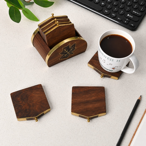Luxury Indian Rosewood Coaster Set with Brass Inlay Lightweight Handmade Eco-Friendly Office <b>Desk</b> Decor Gift - Product Image 4