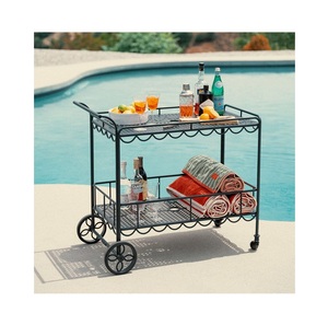 2 Tier Scalloped Metal Outdoor Bar Cart with Large Wheels Rust Resistant Perforated Steel <b>Serving</b> <b>Trolley</b> - Product Image 2