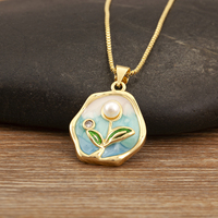 Collier pendentif QIKU tendance style peinture à l'huile en cuivre, mode chinoise, plaqué or 18 carats, motif géométrique fleur de perle