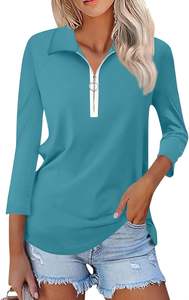 T-shirt amincissant à fermeture éclair pour femmes, à porter au quotidien, manches trois quarts, tunique unie, style confortable - Product Image 3