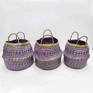Trending Natural Palm Leaf Circle Durable Storage <b>Basket</b> Eco-friendly Purple Laundry <b>Hamper</b> - Product Image 1