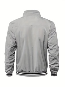 <b>Grey</b> Bomber <b>Jacket</b> Full Sleeve Zipper Closure Stand Collar Solid Color Polyester Woven Memory Fabric <b>Waterproof</b> Lightweight - Product Image 3