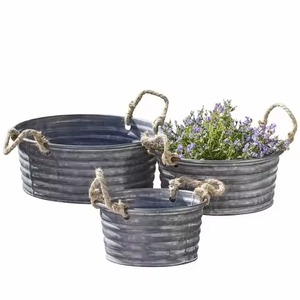 Jardinières en métal galvanisé très vendues, forme circulaire avec poignées, durables pour l'extérieur, utilisation en jardin, conteneur pour fleurs et plantes vertes - Product Image 6