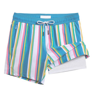 Shorts de bain rayés pour hommes avec cordon de serrage à la taille, séchage rapide, poches, taille mi-haute, décontractés, en tissu tissé 100 % polyester - Product Image 1