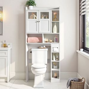 Mobile Bagno Moderno Bianco a Doppia Anta in MDF con 2 Pannelli Regolabili, 1 Cassetto e 3 Ripiani Laterali per Casa, Camera da Letto, Scuola - Product Image 2
