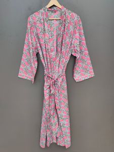 Bata Larga para Mujer con Estampado Floral, Ecológica, Transpirable, Manga Tres Cuartos, Azul Cielo y Rosa, Patrón Suave, Algodón Tejido, Informal - Product Image 1