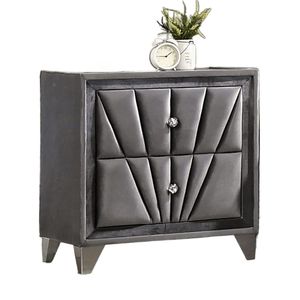Comodino Completamente Imbottito in Grigio con Maniglie in Acrilico Effetto Cristallo, Piano in Vetro e Gambe Cromate - Product Image 1