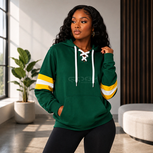 Cosh International Sorority Sisterhood <b>Green</b> Hooded Sweatshirt With Yellow White Stripes <b>Lace</b>-Up Front Pockets Casual Autumn - Product Image 3