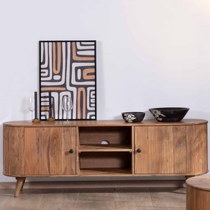 Meuble TV style Vandana Ivory, grand modèle 175 cm, design vintage arrondi, en bois d'acacia massif Boomer, avec 2 portes et 2 niches - Product Image 1