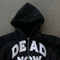 Sweat à capuche zippé brodé Dead Now Alive pour homme, coupe oversize, style streetwear, noir, en coton tricoté