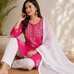 Exclusive <b>Women</b> Bright Pink Chikankari Hand Embroidered Straight <b>Kurti</b> Ethnic Floral Suit - Product Image 3