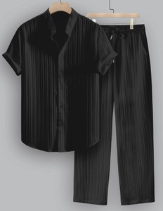 Men's Striped Satin Short Sleeve Shirt and <b>Pants</b> Set Turn-<b>down</b> Collar Breathable Summer Casual Wear - Product Image 3