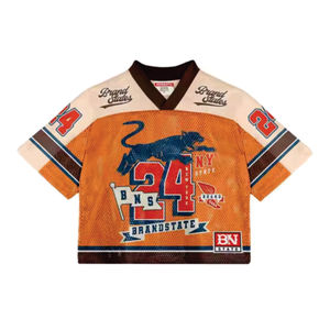 เสื้อยืดสตรีทแวร์ทรงบ็อกซี่ คอวี แบบครอป สไตล์อเมริกันฟุตบอลย้อนยุค ผลิตตามสั่งขายส่ง เนื้อผ้าตาข่าย ระบายอากาศได้ดี แห้งเร็ว - Product Image 2