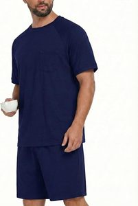Conjunto de camiseta y pantalones cortos de algodón tejido de color sólido, informal, de verano, para hombre, talla grande - Product Image 5