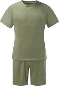 Ensemble t-shirt et short pour homme en coton vert olive, col rond, décontracté, respirant, vêtements d'été, tissu tricoté, couleur unie - Product Image 4