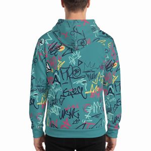 Sweat-shirt à capuche bleu turquoise graffiti, streetwear urbain personnalisé, imprimé graphique, coupe oversize, design en molleton premium, OEM ODM - Product Image 2
