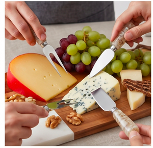 Juego de 4 cuchillos para queso con hoja de acero inoxidable y mango de piedra de mármol, herramientas para esparcir queso y tenedor para uso en la cocina. - Product Image 5
