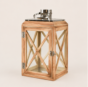 Farol de Madera Rústico Hecho a Mano con Tapa de Acero Inoxidable y Paneles de Vidrio, Farol Decorativo Vintage para Interiores - Product Image 1