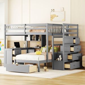 Letto a castello matrimoniale con scrivania, cassetti e mensole in grigio per bambini - Product Image 1