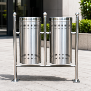 Contenedor de Basura Doble de Acero Inoxidable para Exteriores, Cubo de Basura para Parques Públicos con Soporte, Bote de Basura de Metal Perforado - Product Image 1