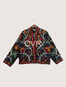 Manteau en velours à col mandarin brodé à la main avec motifs floraux, style bohème pour femmes adultes, manches longues, vêtement d'extérieur pour l'automne - Product Image 4